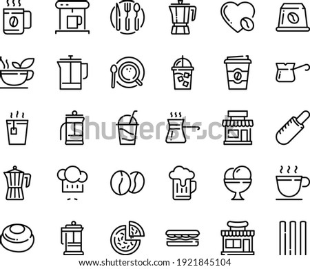 Food line icon set - cafe, sandwich, shop, pizza, hot tea, coffee to go, french dog, chef hat, pot, ice cream, cocktail, press, cup, coffe maker, iced, top view, turkish, love, beans, capsule, green