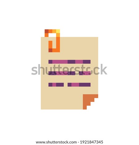 Paper sheet with a clip. Web site icon. Pixel art. Video game 8-bit sprite. Isolated vector illustration. Symbol, logo, sticker design.