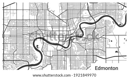 Map of Edmonton city, Alberta, Canada. Horizontal background map poster black and white land, streets and rivers. 1920 1080 proportions. Royalty free grayscale graphic vector illustration.