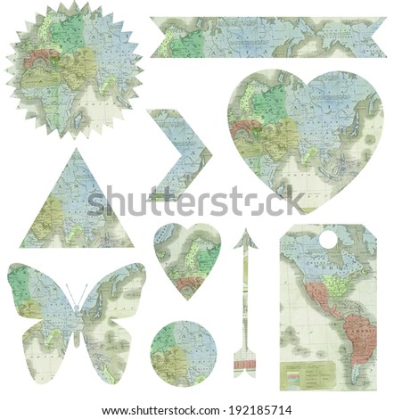 Travel Digital Scrapbooking Vintage Symbols with Heart, Arrow, Butterfly, Circle, Gift Tag and Shapes With Map Background
