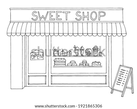 Sweet shop exterior confectionery store graphic black white sketch illustration vector Royalty-Free Stock Photo #1921865306