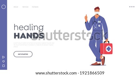 Doctor or Nurse Landing Page Template. Male Character in Robe with Medical Tools in Box Wear Mask. Clinic, Hospital Healthcare Staff at Work, Medicine Job. Cartoon People Vector Illustration