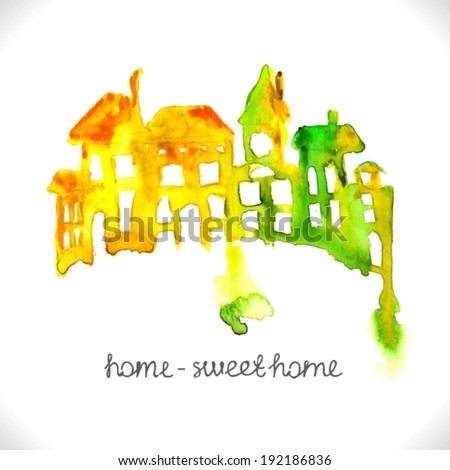 Watercolor beautiful homes- yellow and green over white, cute houses, little town, VECTOR