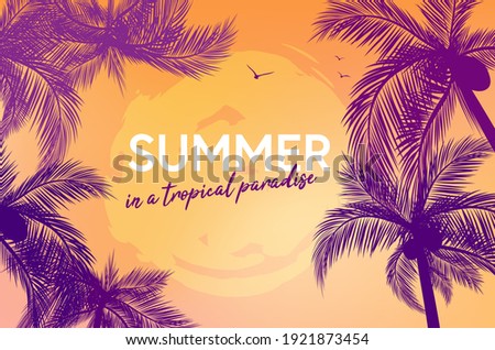 Background for your summer design with abstract palm trees silhouettes, sun and flying birds - vector illustration