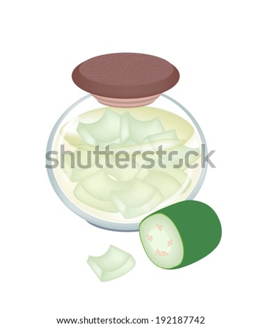 Vegetable, Illustration of Pickled Chopped Winter Melon, Wax Gourd or Chalkumra in Brine of Vinegar and Salt in A Glass Jar Isolated on White Background. 