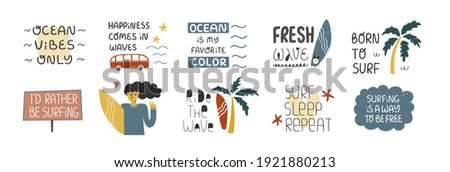 Collection of cute clip art with surfing scenes and elements. Hand drawn vector illustration. Vintage colors. Summer beach surfing lifestyle concept. Handwritten lettering.