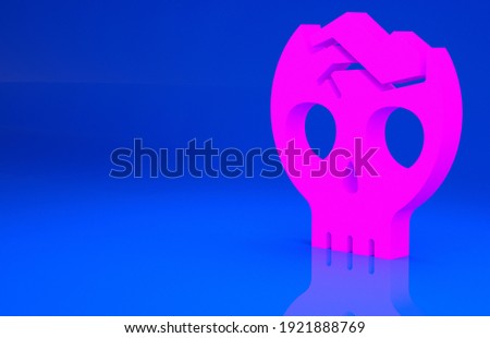 Pink Broken human skull icon isolated on blue background. Minimalism concept. 3d illustration. 3D render..