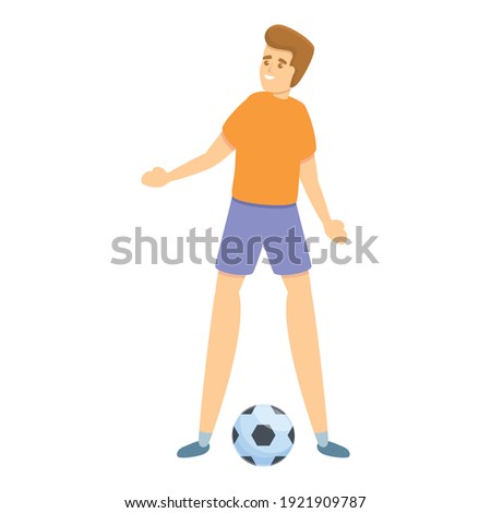 Boy plays soccer icon. Cartoon of boy playing soccer, vector icon for web design isolated on white background