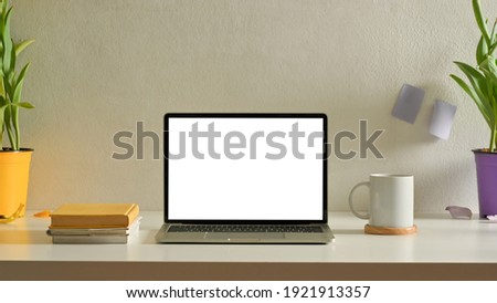 Close up view of home office desk with laptop, notebooks, plant pots and mug on the table, clipping path
