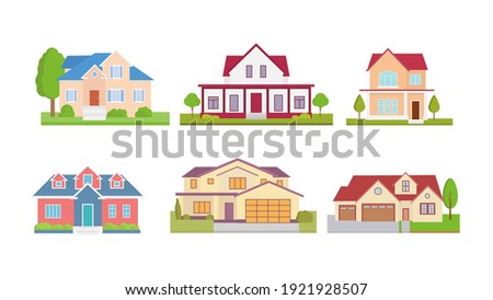 Set flat icons of houses and buildings isolated on white. Vector illustration