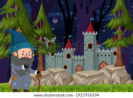 Forest scene at night with a wizard standing beside the castle illustration