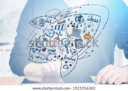 Set of icons, manager woman and electronic device on the table, cosmic rocket shape, office room. Concept of product launch and graphs