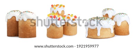 Set with traditional Easter cakes on white background, banner design