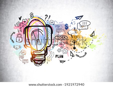 Colourful light bulb with idea and plans, icons of messages, gears, dialogue drawn on a grey concrete wall. Concept of idea and plan, 3D rendering