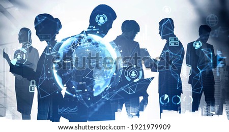 Silhouettes of diverse business people together, double exposure with earth globe hologram and city building skyscrapers. Concept of HR. Toned image.