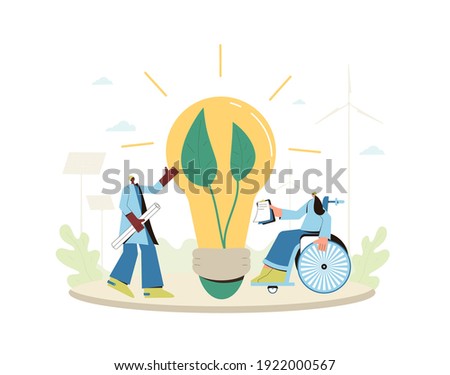 Clean energy system business. Bulb with green leaves and professional team. Project manager with documents and architect with design plans. Alternative electricity system. Solar panels and windmills.