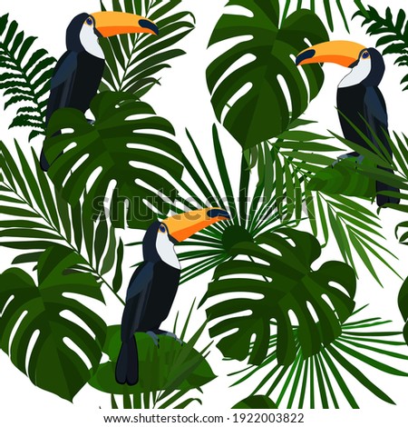 Vector Seamless pattern with tropical leaves and bird toucan on a branch on transparent background. Nature wallpaper illustration