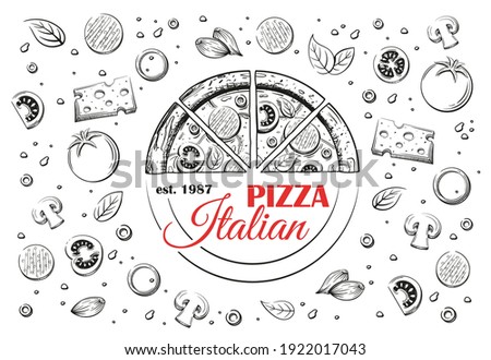 Sketch of Italian pizza and logo. Pepperoni pizza close-up view from the top. Framed ingredients. Vector illustration Royalty-Free Stock Photo #1922017043