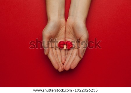 Hands hold a human kidney model on red background. Prevention of stones.