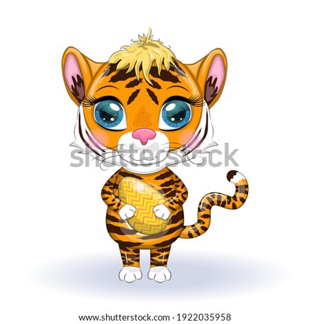 Cute cartoon tiger with beautiful eyes, orange with Easter egg. Tiger - Easter bunny concept. Chinese New Year 2022, Year of the Tiger.