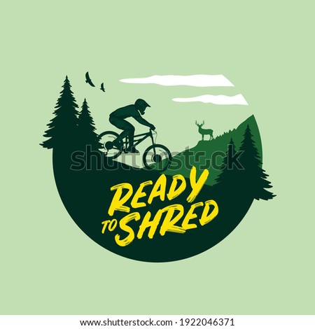 Vector mountain biking illustration with a rider, mountains and pine trees