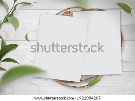 Mockup Custom Paper Texture Wedding Invitations with Rope and Leaf's Ornament with Flooring Wooden White Color Design