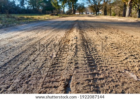 Dirt road with tire tread marks                            Royalty-Free Stock Photo #1922087144