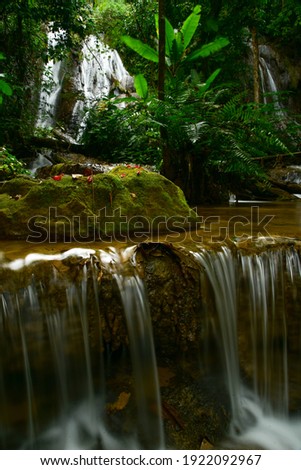 Mai Kai Waterfall, Mae Hong Son Province, Thailand, Asia Falling in beautiful limestone layers, fresh green forests, blurred leaves from the blowing of the wind Selective Focus