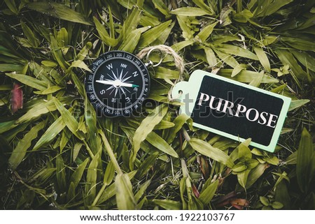 PURPOSE text written on wooden tag with magnetic compass on old green grass background. A business concept.