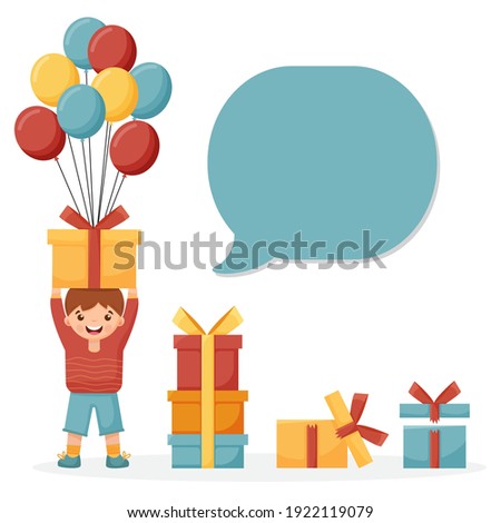 Happy little boy holding a box with gifts. There are gifts with balloons nearby. Garland happy birthday.