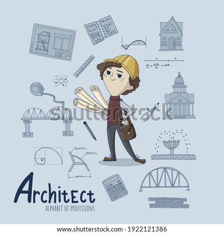 
Vector alphabet of professions. Cute drawing of an architect