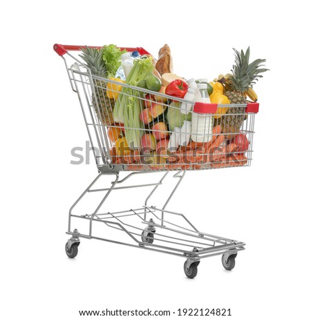 Shopping cart with groceries on white background Royalty-Free Stock Photo #1922124821