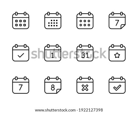 Calendar vector icons. Set of calendar symbols in line style. Royalty-Free Stock Photo #1922127398