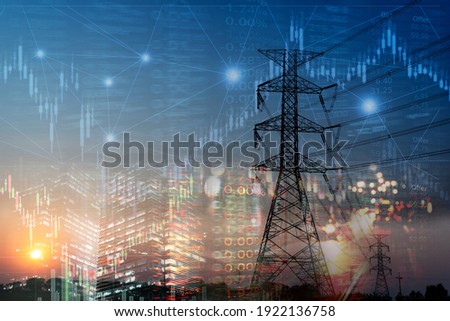 market stock graph and index information with city light and electricity and energy facility industry and business background Royalty-Free Stock Photo #1922136758