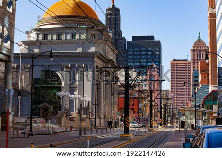 Fountain Plaza tram station on main street Buffalo with tall buildings on background