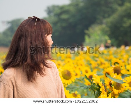 Portrait of a beautiful young woman Asian people aged 35-40 wear brown shirts and black glasses. Stay in the sunflower field at the end of your free vacation and enjoy a break from work. In  morning.