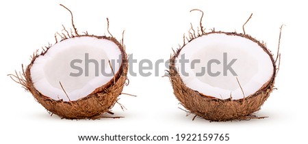 Set coconut cut in half isolated on white background. Clipping Path. Full depth of field.