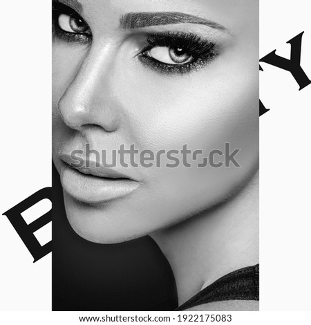 Beauty face woman. Closeup Of Beautiful Young Female Model With Soft Smooth Skin And Professional Facial Makeup. Black and white photo. High Resolution