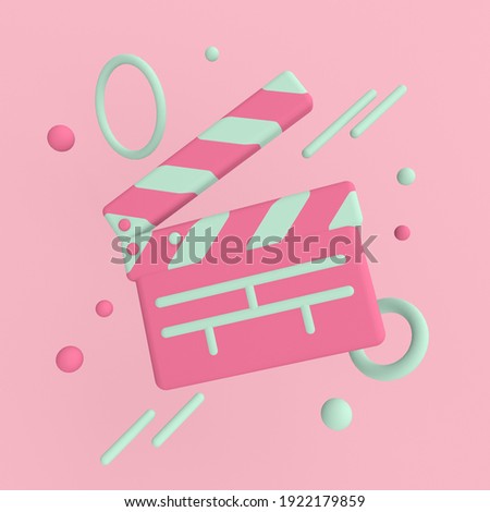 3d rendering illustration of clapperboard and geometric shapes. Modern trendy design. Pink and blue colors.