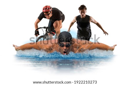 Triathlon sport collage. Man running, swimming, biking for competition race. Isolated on white background