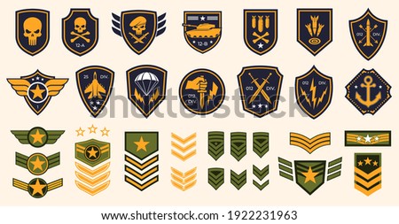 Military stripes, emblems. Logos of military groups. Special military insignia, aircraft, tanks, missiles, infantry, skulls Royalty-Free Stock Photo #1922231963