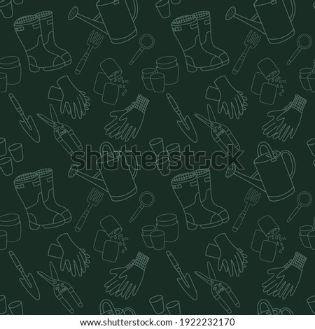 Seamless pattern set of gardening tools in vintage style on a dark background. Boots, gloves, watering can, pots, shovel, rake. Manual graphics.