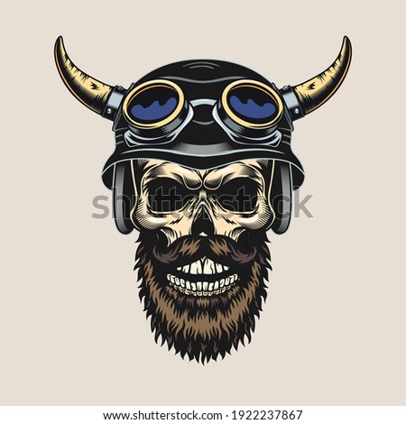 Engraving sticker with skull in horned helmet. Colored tattoo design element with dead male head of bearded biker. Bikers club and freedom concept for tattoo, stamp, print template