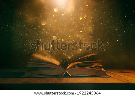 Magical image of open antique book over wooden table with glitter overlay Royalty-Free Stock Photo #1922245064