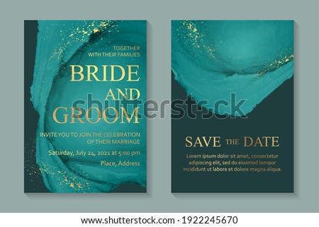 Modern abstract luxury wedding invitation design or card templates for birthday greeting or certificate or cover with green watercolor waves or fluid art in alcohol ink style with golden glitter.