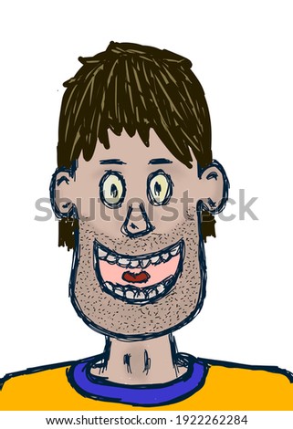 Portrait of the head of a hand-drawn cartoon hairy and shaved man. Stupid, weird, and funny look. Hand-drawn illustration.