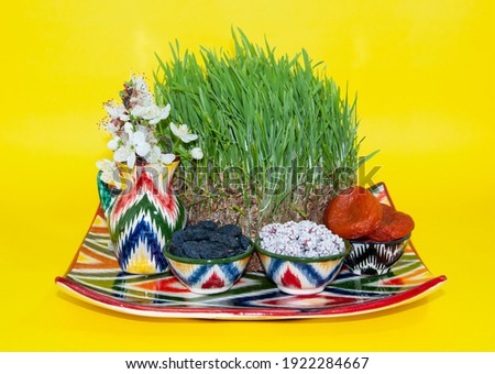 Happy background of the Navruz holiday. Celebration of Nowruz sweets and various dried fruits with green grass