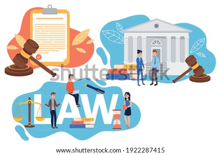 Collection of law justice composition concept. Weights, courthouse, lawyer and lawyer hammer symbol.lawyer. Vector illustration in cartoon style. Royalty-Free Stock Photo #1922287415