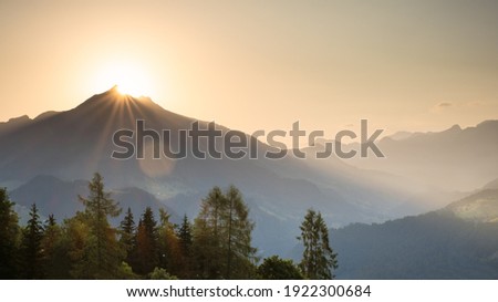 Amazing alpine landscape panorama in the Vaud Alps near Leysin, beautiful sunrise at the Pic Chaussy. Romandy, Switzerland