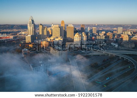 Fog at Cincinnati downtown aerial view, Ohio, USA skyline